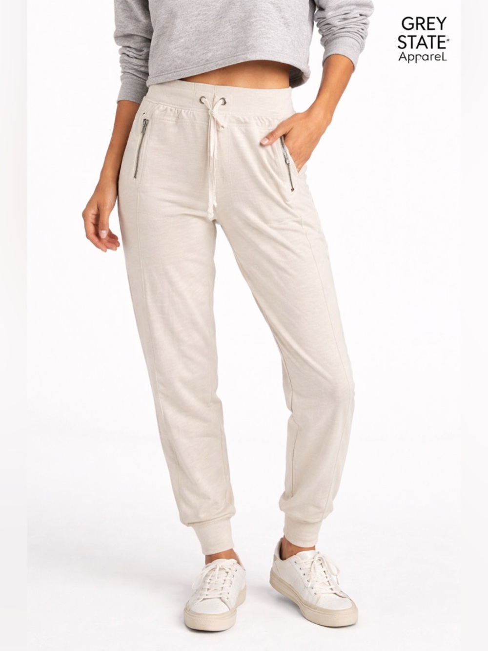 Grey State  Cream Jogger Pants Drawstring Zip Pocket Size 2